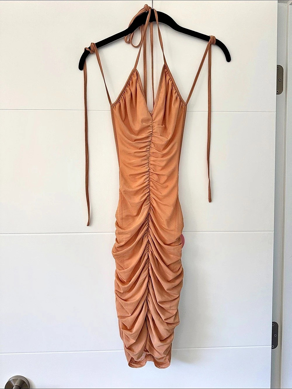 Angel LA Ruched Mesh Maxi Dress in Brown Size Small NWT